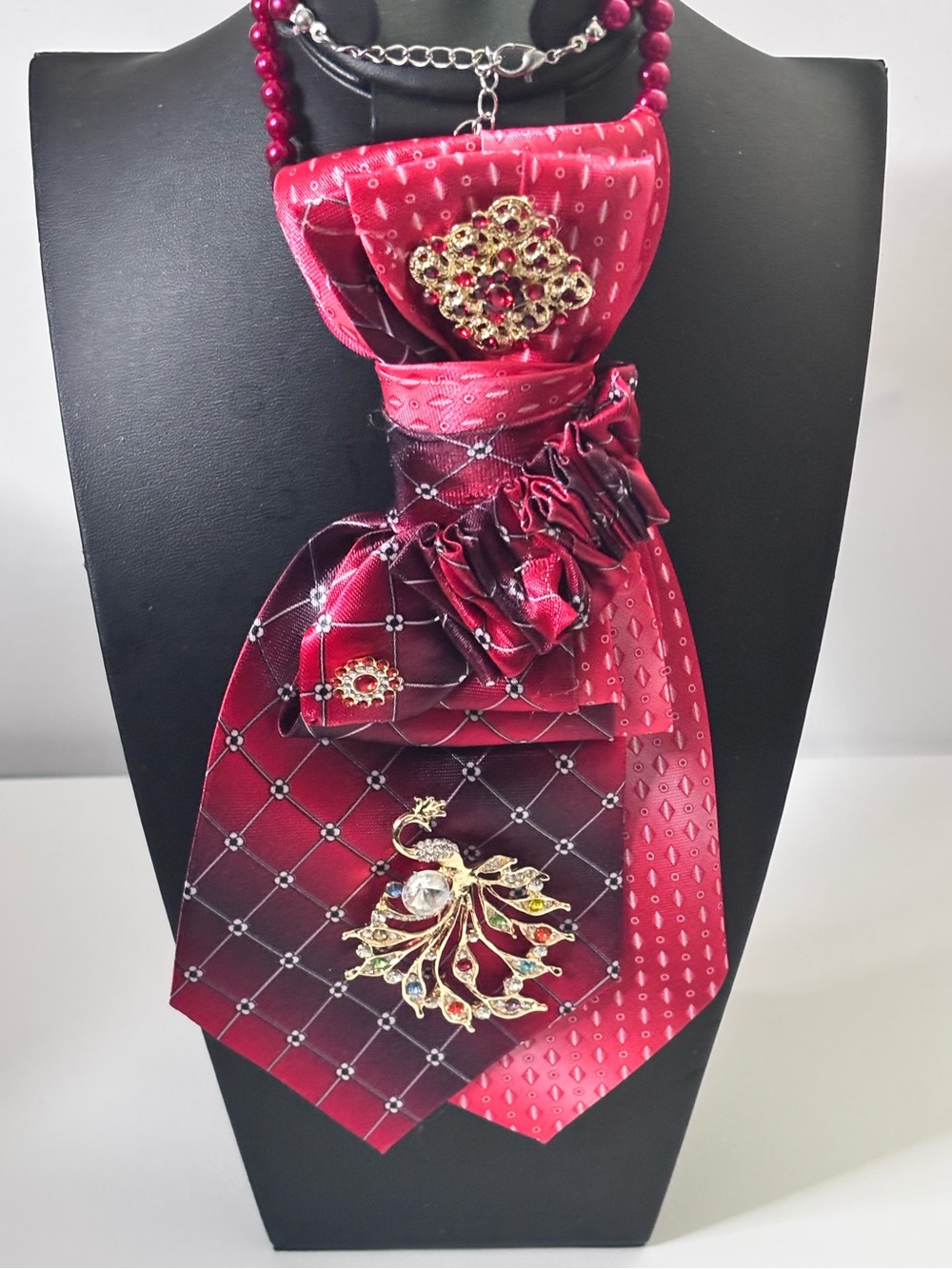 Red Satin Decorative Necktie Scarf with Gold-Tone Brooch Accent